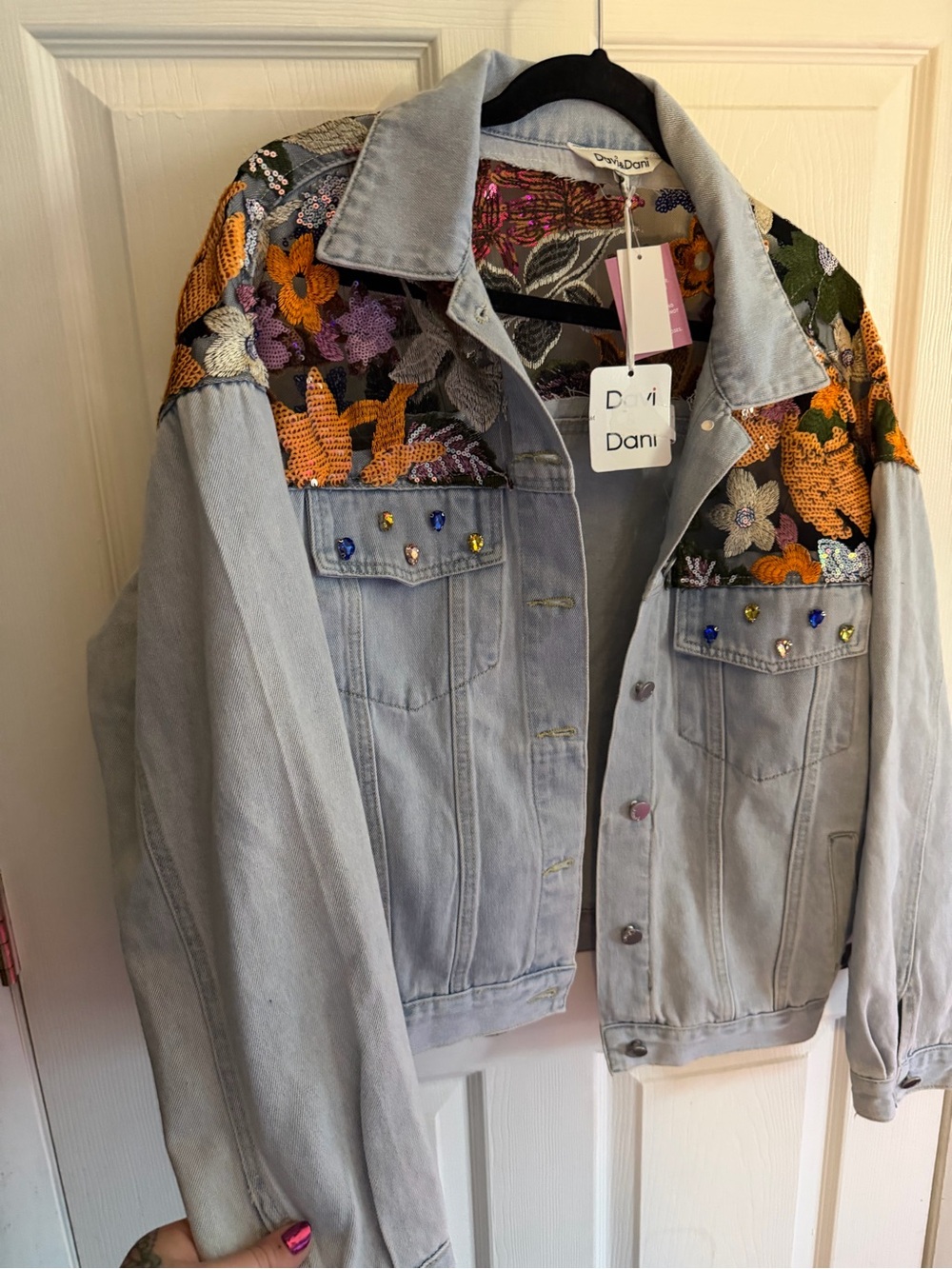 DAVI & DANI Light Blue Denim Jacket with Multicolor Floral Embroidery